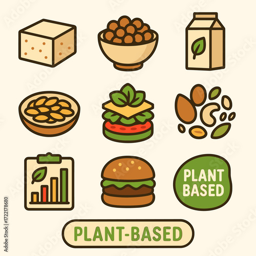 Plant-Based Nutrition Icons. Flat vector icons of plant-based nutrition: tofu block icon, legumes bowl, soy milk carton, whole
