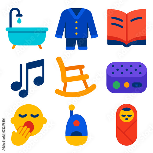Bedtime Routine Icons. Flat vector icons of bedtime routine steps: warm bath icon, cozy pajamas set, bedtime storybook, lullaby