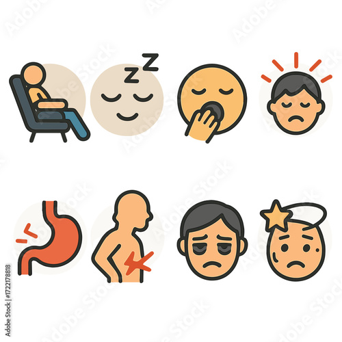 Comfort and Discomfort Icons. Flat vector icons of physical comfort and discomfort: relaxed person in chair, sleeping face icon,