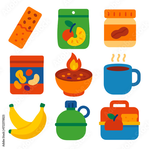 Trail Snacks Icons. Flat vector icons of trail snacks and meals: granola bar icon, dried fruit pouch, peanut butter jar, trail mix