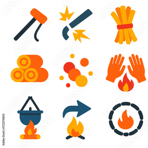 Firemaking Icon Set. Flat vector icons of fire-making and warmth: firestarter rod, flint sparks icon, dry tinder bundle, log stack