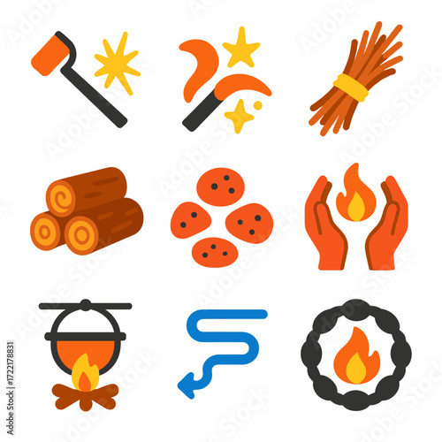Firemaking Icon Set. Flat vector icons of fire-making and warmth: firestarter rod, flint sparks icon, dry tinder bundle, log stack