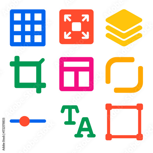 Modern UI Tool Icons. Flat vector icons of modern UI tools: grid layout icon, spacing margin tool, layer order stack, crop tool