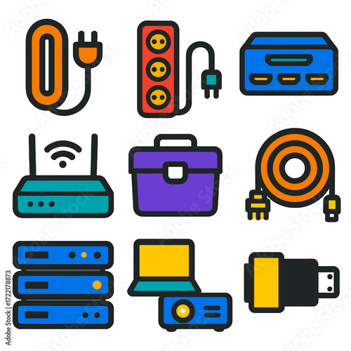 Event Tech Icons. Flat vector icons of technology setup for events: extension cable icon, power strip with switch, HDMI splitter