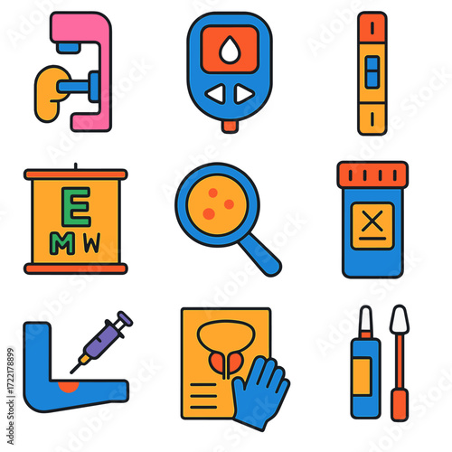 Routine Screening Icons. Flat vector icons of routine screening procedures: mammography icon, blood glucose meter, cholesterol