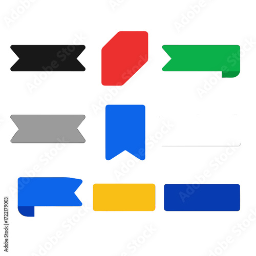 Colorful Ribbon Icons. Flat vector icons of mono-color ribbon packs: black flat ribbon, solid red tag, bold green stripe, pure