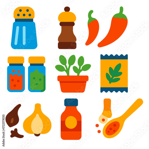 Vibrant Spice Icons. Flat vector icons of kitchen spice items: salt shaker, pepper grinder, chili pepper icon, spice jar set,