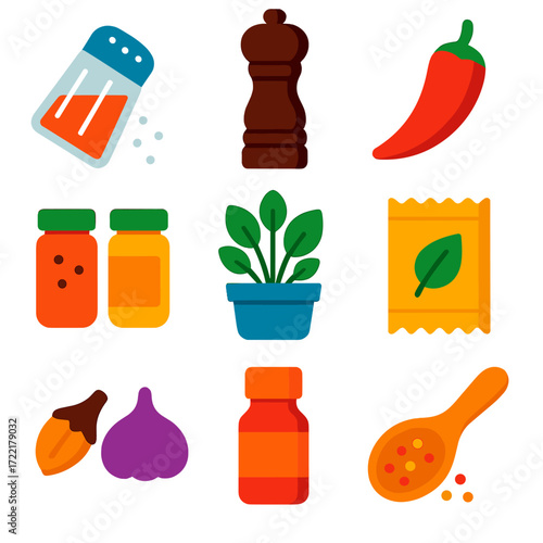 Vibrant Spice Icons. Flat vector icons of kitchen spice items: salt shaker, pepper grinder, chili pepper icon, spice jar set,