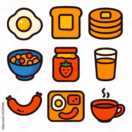 Vibrant Breakfast Icons. Flat vector icons of breakfast meal products: sunny side up egg, toast with butter, pancake stack, cereal