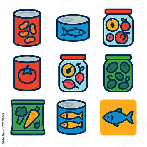 Vibrant Canned Goods Icons. Flat vector icons of canned and preserved goods: canned beans, tuna tin, preserved peaches jar,