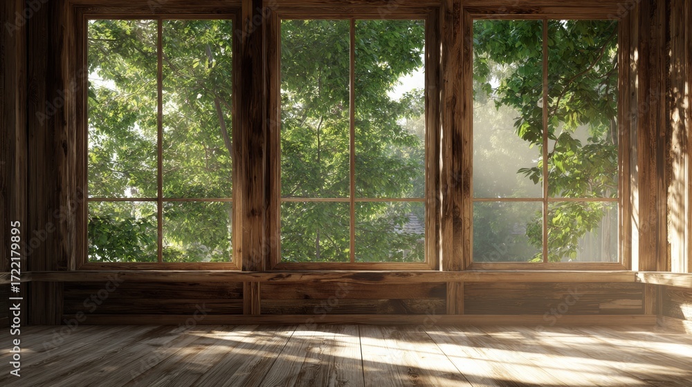 Fototapeta premium Bright wooden interior features large windows that reveal vibrant greenery outside, creating a serene and inviting atmosphere