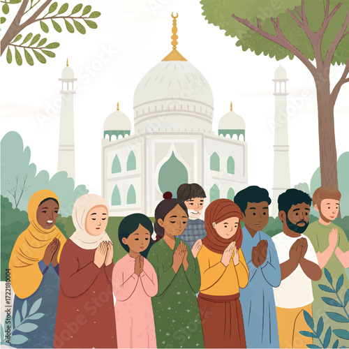 Diverse group of people praying together in front of mosque illustration