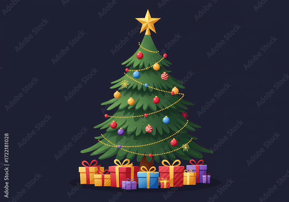 Obraz premium Vector Christmas tree with gifts and golden star