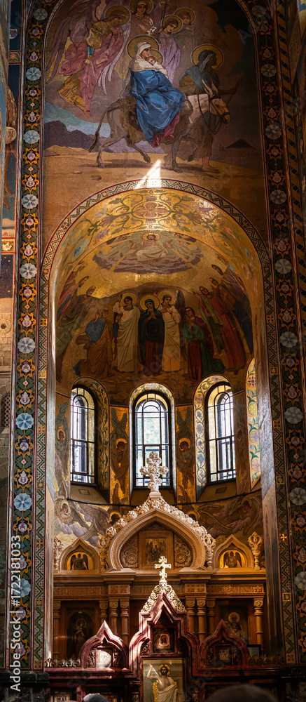 Obraz premium interior of Savior on the Spilled Blood Church in Saint Petersburg, Russia, 21th of July, 2025, mosaic biblical scenes with the apostles with cross in the center, famous landmark, vertical