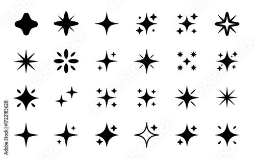 Collection of 25 black stars and sparkles for design