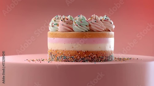 Layered Pink and White Cream Cake with Sprinkles