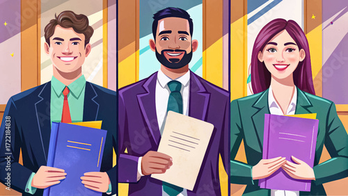 Vector of male and female lawyers set with documents, professional office staff illustration, justice system, attorney characters.