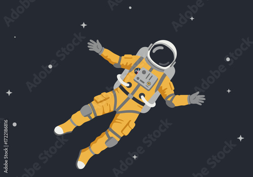An astronaut floats in space, arms outstretched, against a starry backdrop. A vibrant, stylized illustration perfect for space-themed designs.
