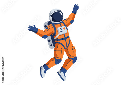 An astronaut floats in space, arms outstretched, symbolizing smart orbit flow. Bold orange and blue design, perfect for tech and space-themed visuals.