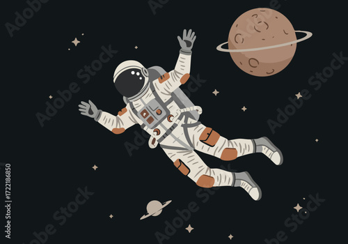 An astronaut floats in space, reaching out, against a dark brown background with a planet and stars. Illustrative style, perfect for space travel themes.