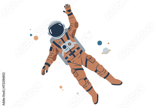 An astronaut floats in space, reaching out, amidst planets. A vibrant, modern illustration promoting sustainable space travel. Bold colors and a dynamic composition.