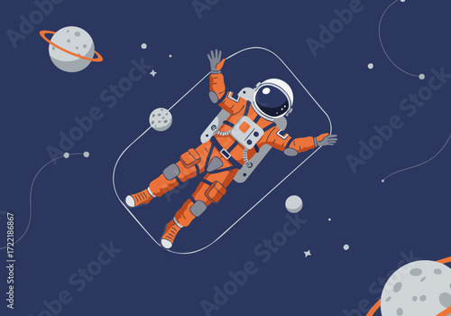 An astronaut floats in space, surrounded by planets and stars. A vibrant, modern illustration evokes a sense of wonder and exploration. Perfect for space-themed designs.