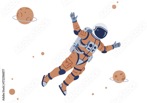 An astronaut floats in space, surrounded by planets, promoting a sustainable space travel concept. A vibrant, modern illustration.