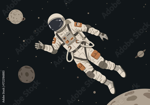 An astronaut floats in space, surrounded by planets. A stylish, modern illustration evokes a sense of space travel ease and wonder. Perfect for tech, science, or travel themes.