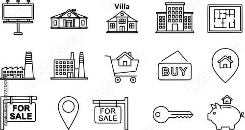 set of 10 outline web real estate icons such as billboard, villa, office building, plans, industrial park, buy, for sale vector icons for report, presentation, diagram, web design, mobile 