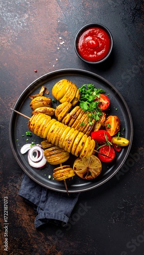 Spiral potatoes on skewers with cherry tomatoes and red onion