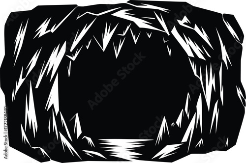 Dark Cave Entrance Silhouette with Jagged Rocks and Reflective Water Vector Illustration on Transparent Background