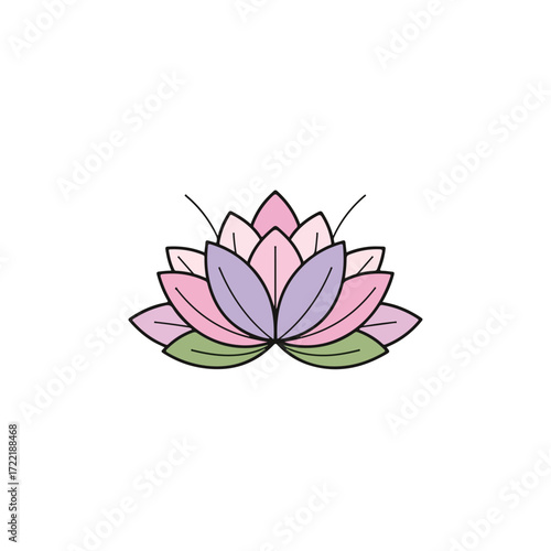 Colorful Lotus Flower Illustration with Pink Purple and Green Petals.