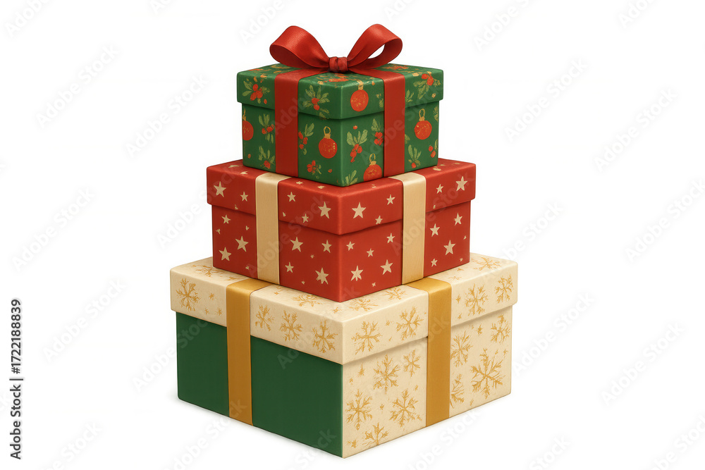 Obraz premium Stacked christmas gifts with festive patterns and ribbons, representing holiday season, celebration, and giving