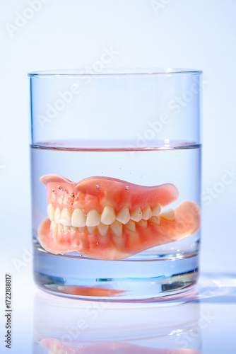 Full dentures submerged in glass of water on white surface, symbolizing dental care, hygiene, and prosthetic maintenance.