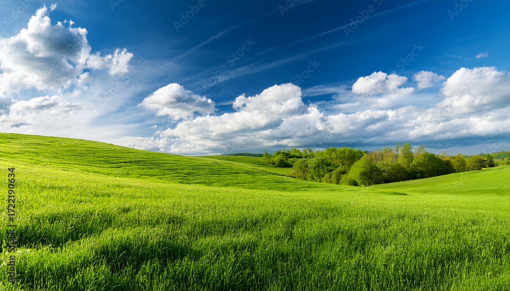 Obraz premium Spring Meadows With Fresh Green Grass And Blue Cloudy Sky