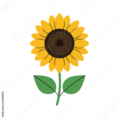 Stylized yellow sunflower with green leaves illustration.