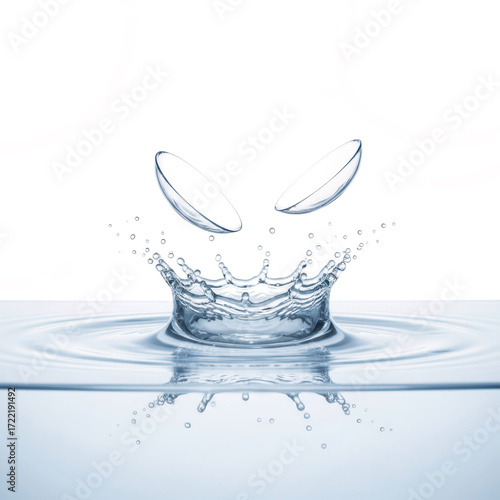 Falling contact lenses splash in clear water with neon lights, futuristic medical and vision concept. Generative Ai