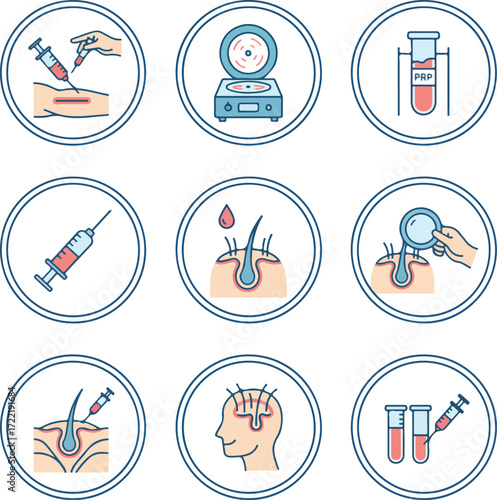 Set of 9 Line Art Vector Icons for PRP Hair Restoration Treatment, Hair Care and Medical Dermatology