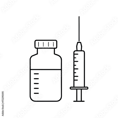 Syringe and vaccine vial line art medical illustration