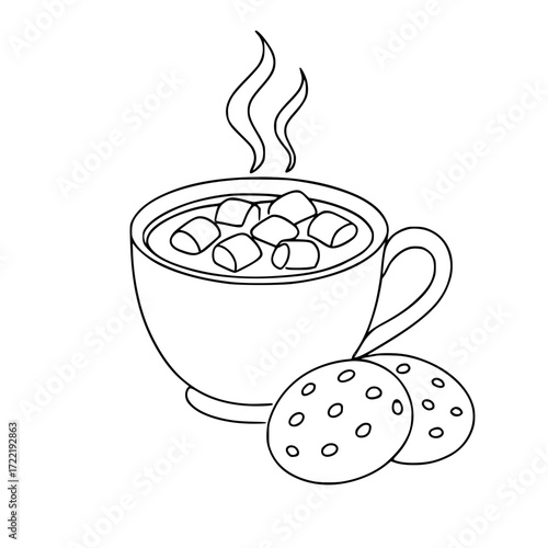 a cup of milk and marshmallows with chocolate chip cookies