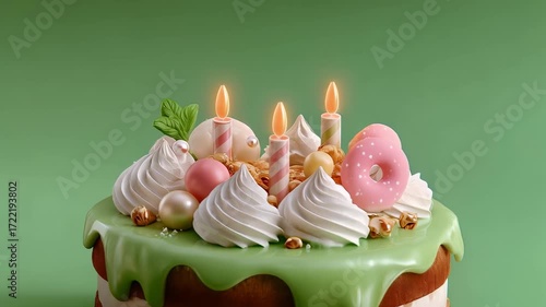 Birthday Cake with Mint Frosting and Candles