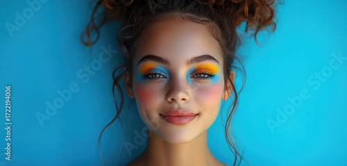 Fashion model woman young, bright makeup, posing confidently against soft blue studio background. Concept LGBTQ and pride concept.