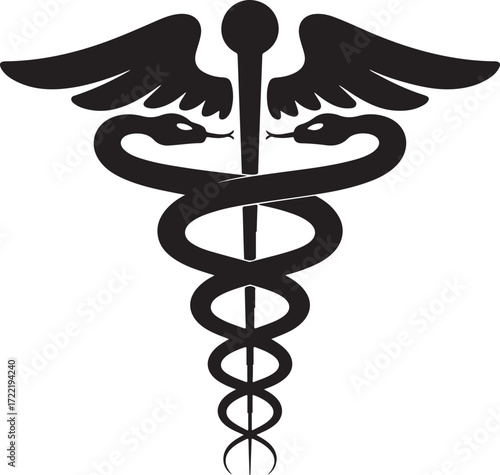 Black caduceus symbol with wings and snakes medical healthcare icon