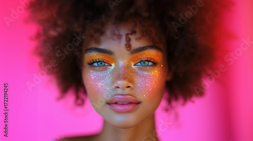 Fashion model woman young, bright makeup, posing confidently against soft pink studio background. Concept LGBTQ and pride concept.