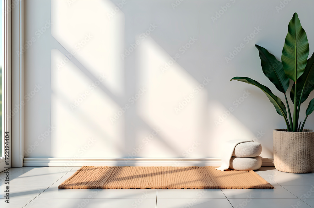 Fototapeta premium Minimalist Interior with Yoga Mat, Plant and Natural Light