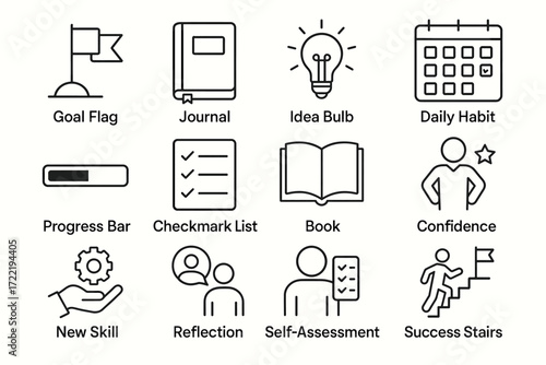 Icons of personal development: goals, journaling, ideas, habits, and progress