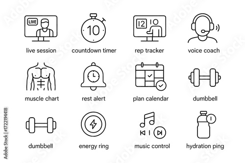 Workout interface icons: timer, tracker, calendar, dumbbell, hydration, music, voice