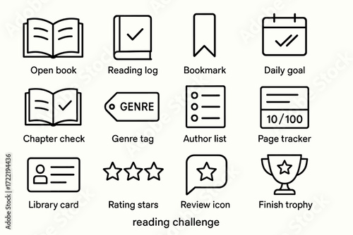 Reading challenge icons: open book, bookmark, daily goal, genre tag, finish trophy