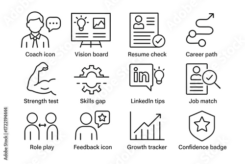 Professional development icons: career path, skills gap, confidence badge, and more