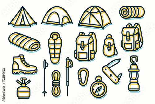 Collection of camping gear icons including tents, backpacks, and hiking equipment